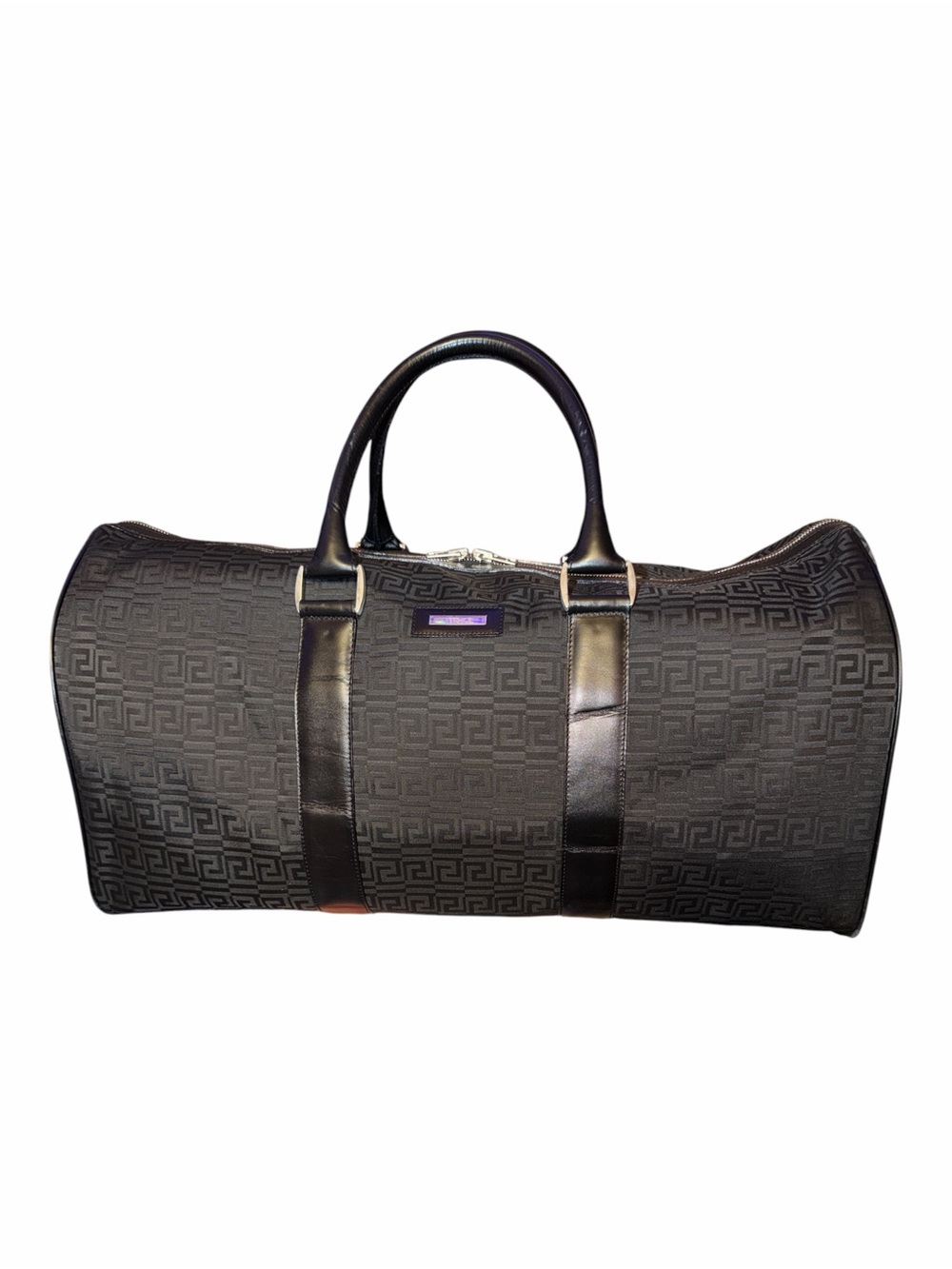 ⁠Gianni Versace Vintage Greca Canvas Leather Duffle Travel Bag w/ Lock & Key